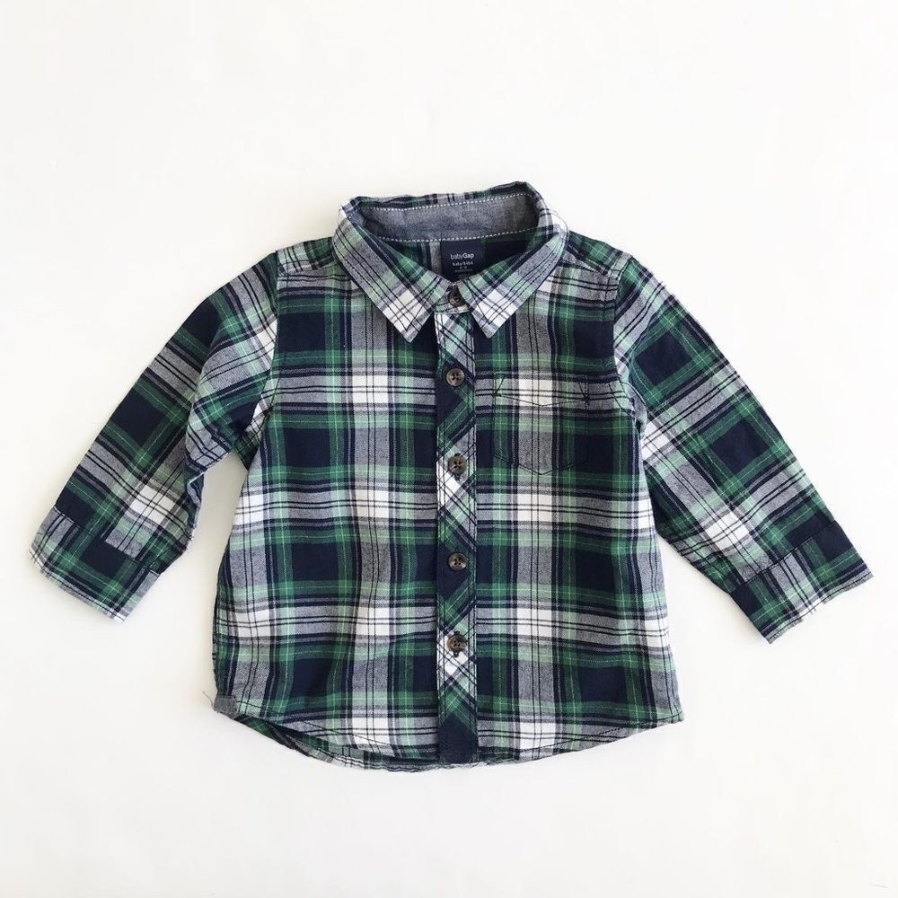 Babygap green/blue plaid button down EUC 6-12m